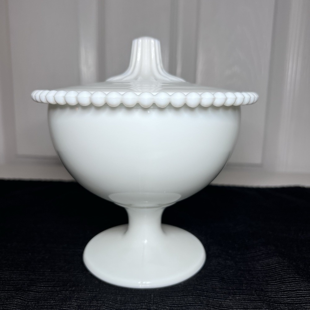 Indiana Glass White Milk Glass Lidded Pedestal Candy Dish 6.5" Tall 3449
